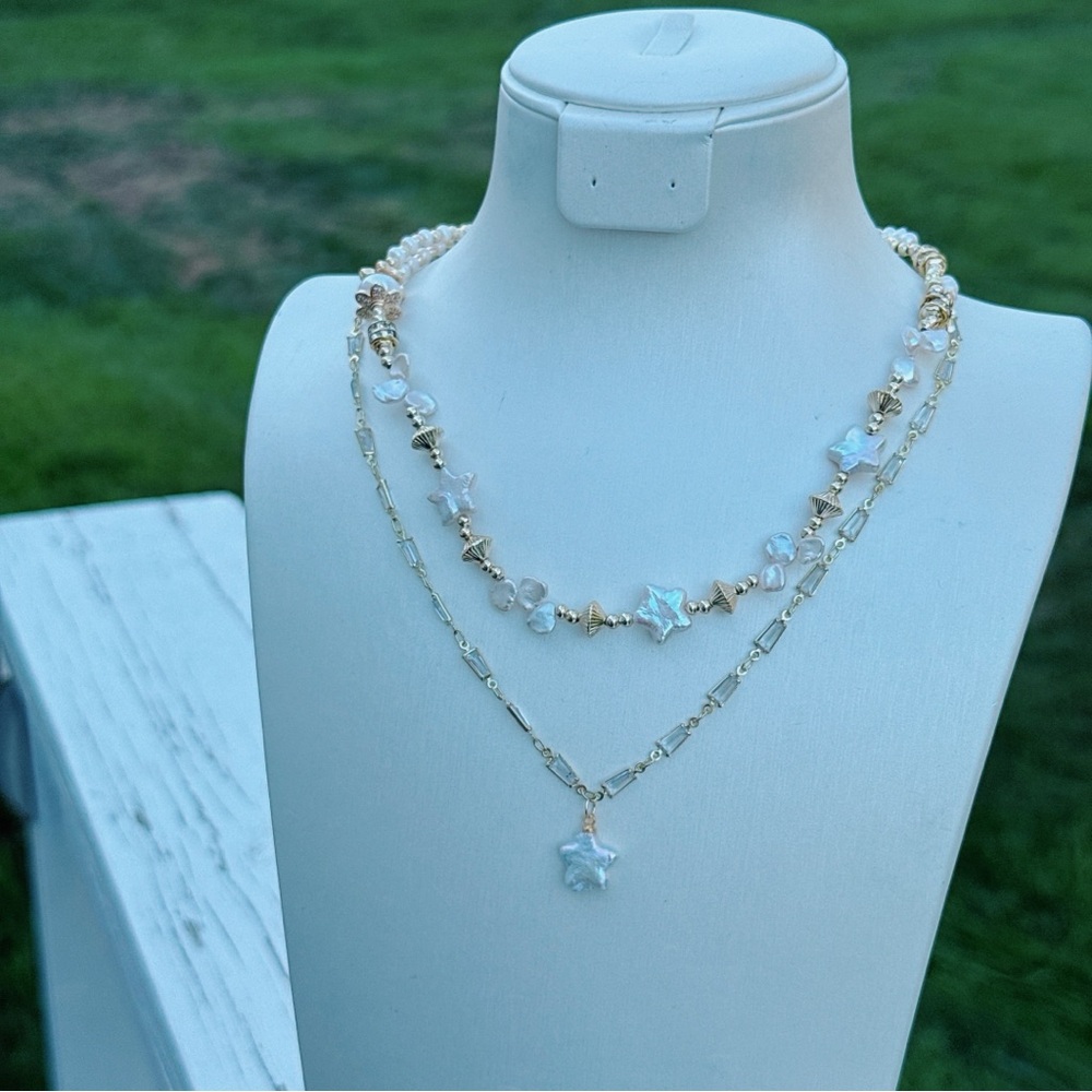 X628 Handmade Freshwater Baroque Star Pearl Dainty Double Layer Necklace - Picture 3 of 9